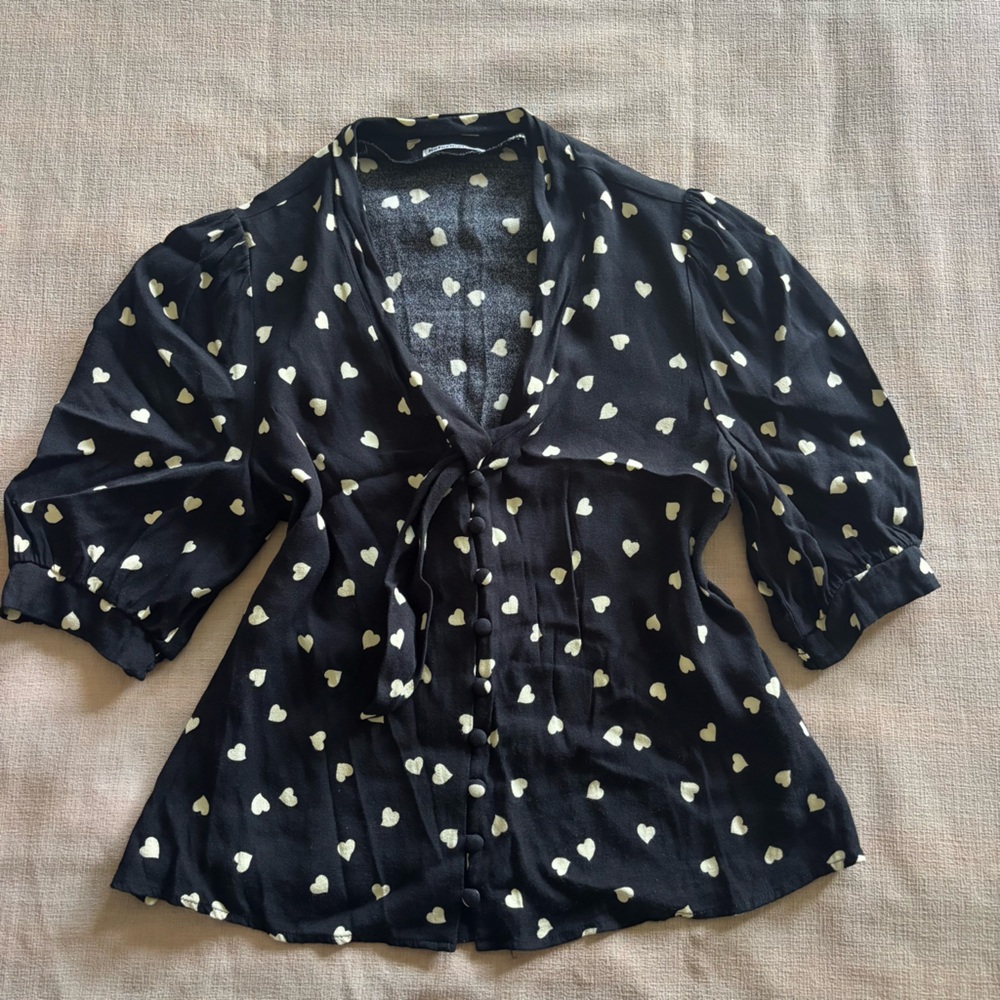 Reformation Black Blouse with Cream Heart Print